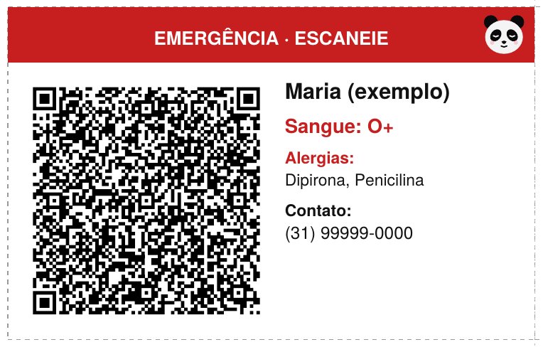 Cartão de carteira do Pandu SOS com QR, nome, tipo sanguíneo, alergias e contato